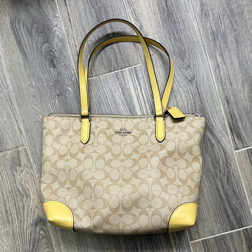 Coach Signature Beige Tote with Yellow Accents
